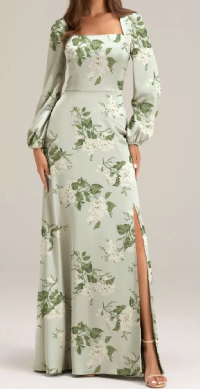 AW BRIDAL 10 L sage garden party floral satin Sahib party maxi dress NEW B45